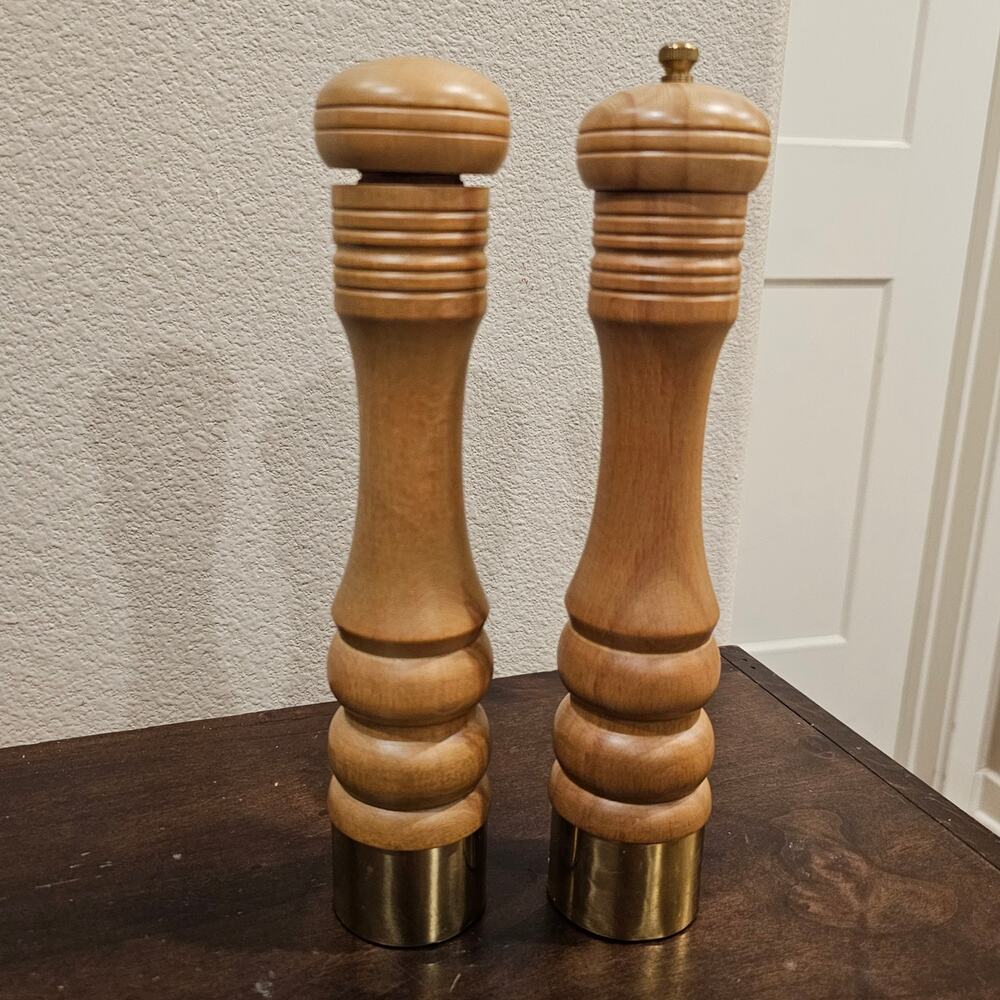 NWOT Nasco Vintage Cherry Wood & Brass Salt & Pepper Shaker/Mill 10"